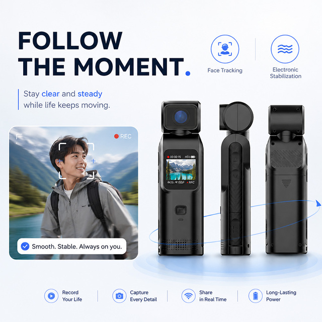Portable 4K Action Camera with Face Tracking Stabilization and Rotating Lens