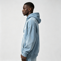 Sweat-shirt à capuche Light Stone Wash avec impression graphique requin Kornit DTG, coupe oversize, poche avant, cordon de serrage, effet vieilli, style streetwear