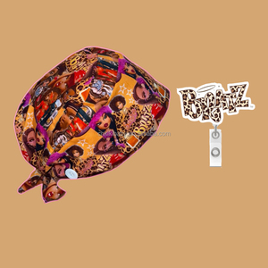 Cuffie da Infermiere con Design Cartoon e Porta Badge Abbinato, Stampa Bratzs, Cappelli Chirurgici con Laccio Posteriore, Fodera in Raso - Product Image 1
