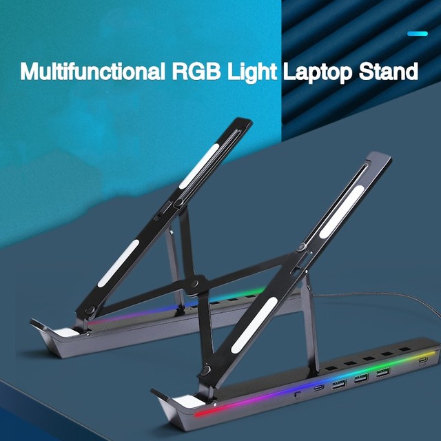 Wholesale Non-slip RGB Multi-function Laptop Holder Stand Aluminum Alloy Folding with USB HUB for Notebook Gaming Bracket