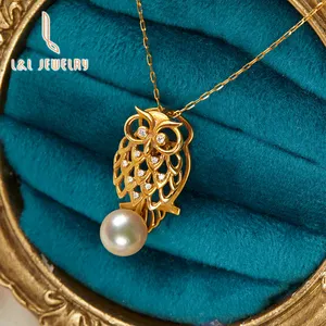 Collana di perle Akoya di grado 3A con gufo adorabile carino in oro 18 carati progettato su misura catena a maglie regolabile per regalo da donna