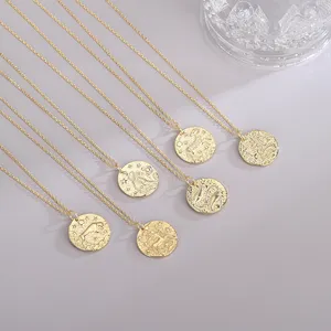 Quick Shipping Baroque Zodiac Necklace Embossing 925 Sterling Silver Coin Necklace