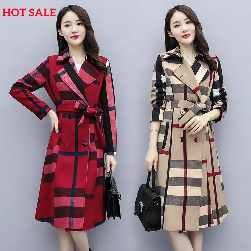 2022 Hot Sale Matching Winter Fashion Elegant Korean Oversize Thick Woolen Long Jacket Women Grid Trench Coat