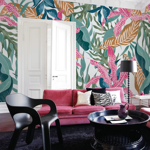 Carta da Parati Murale 3D Personalizzata con Motivi Naturali, Dipinta a Mano con Foglie Botaniche, Fiori e Uccelli, Adesivo Murale Decorativo - Product Image 1