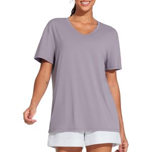 Camiseta de Manga Corta para Mujer, Cuello en V, Corte Holgado, Transpirable, de Poliéster Jersey, Informal, para Entrenamiento, Top Básico de Verano - Product Image 1