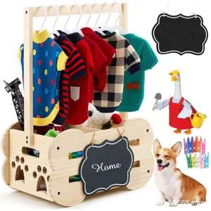 Porte-vêtements pour animaux de compagnie en bois avec tableau noir et organisateur de rangement pour chiens et chats, couleur naturelle, type sur pied, forme rectangulaire - Product Image 1
