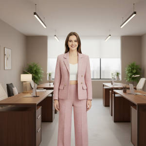 Tc322r Conjunto de traje rosa a cuadros para mujer, corte regular, manga larga, cuello con muescas, estilo de oficina para mujer, ropa de primavera - Product Image 2