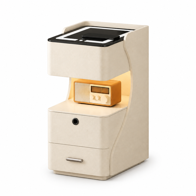 Fingerprint Lock Smart Nightstand with Wireless Charging LED Light and Speaker Tempered Glass Top Modern Bedroom Furniture
