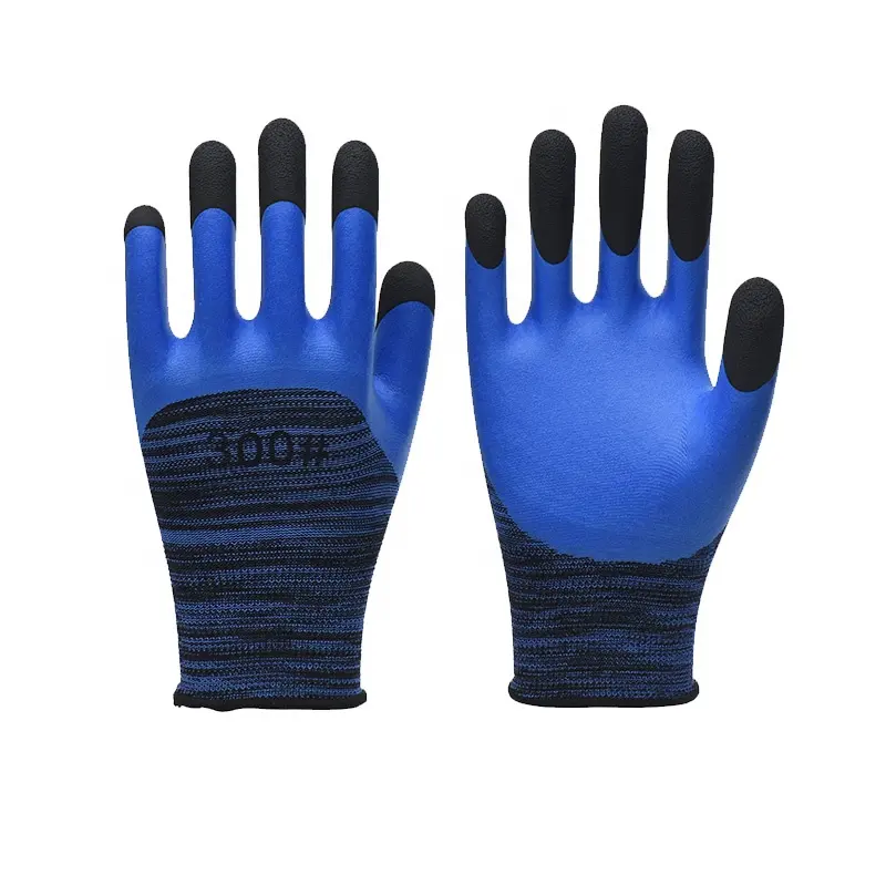Gants en polyester bleu respirant à treize aiguilles recouverts de latex pour renforcer les doigts.