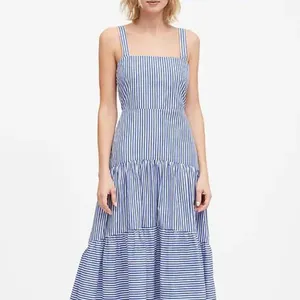 Yaz popüler rahat çizgili evaze elbise mavi elbise
