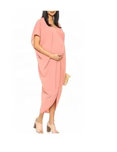 Dress pakaian ibu hamil, pakaian bersalin gaya kasual merah muda ukuran besar