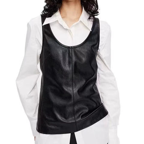 4206 Wholesale Summer Spring Popular Stylish Slim Casual Black Real Leather Vest for Women