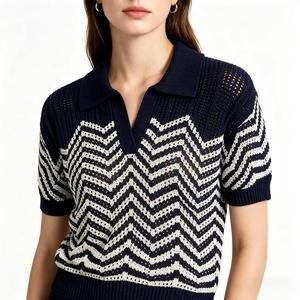 <strong>Women</strong> <strong>Navy</strong> White Pattern Type: Striped Knit <strong>Top</strong> Short Sleeve Collar: V-neck Hollow Out Casual Sweater - Product Image 1