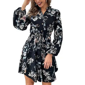 New European And American Black Women's Long Sleeve Printed Dress Autumn And Winter