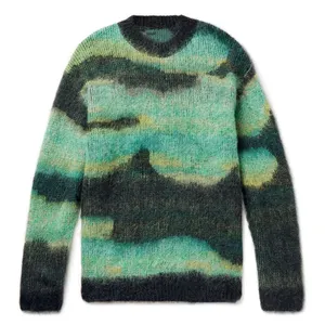 Custom LOGO Men's Mohair Sweater Fuzzy Jacquard Pattern Pullover Round Neck Knitwear Winter Knitted Sweater Men
