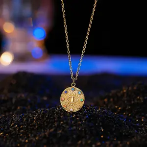 New Trends 925 Sterling Silver Vintage Jewelry 18k Gold Plated Colorful Zircon Round Evil Eye Coin Pendant Necklace