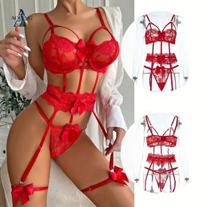 Lingerie Sexy per Adolescenti, Costume da Diavolo Sexy, Set Lingerie <span class=keywords><strong>Trasparente</strong></span> in Pizzo <span class=keywords><strong>Rosso</strong></span> con Fiocco e <span class=keywords><strong>Reggiseno</strong></span> e Perizoma - Product Image 1