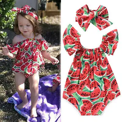 Baby Peuter Pasgeboren Baby Meisje Kleding Watermeloen Print Mouwloze Romper + Hoofdband 2 Stuks Bodysuit Sunsuit Jumpsuit Kleding Ins