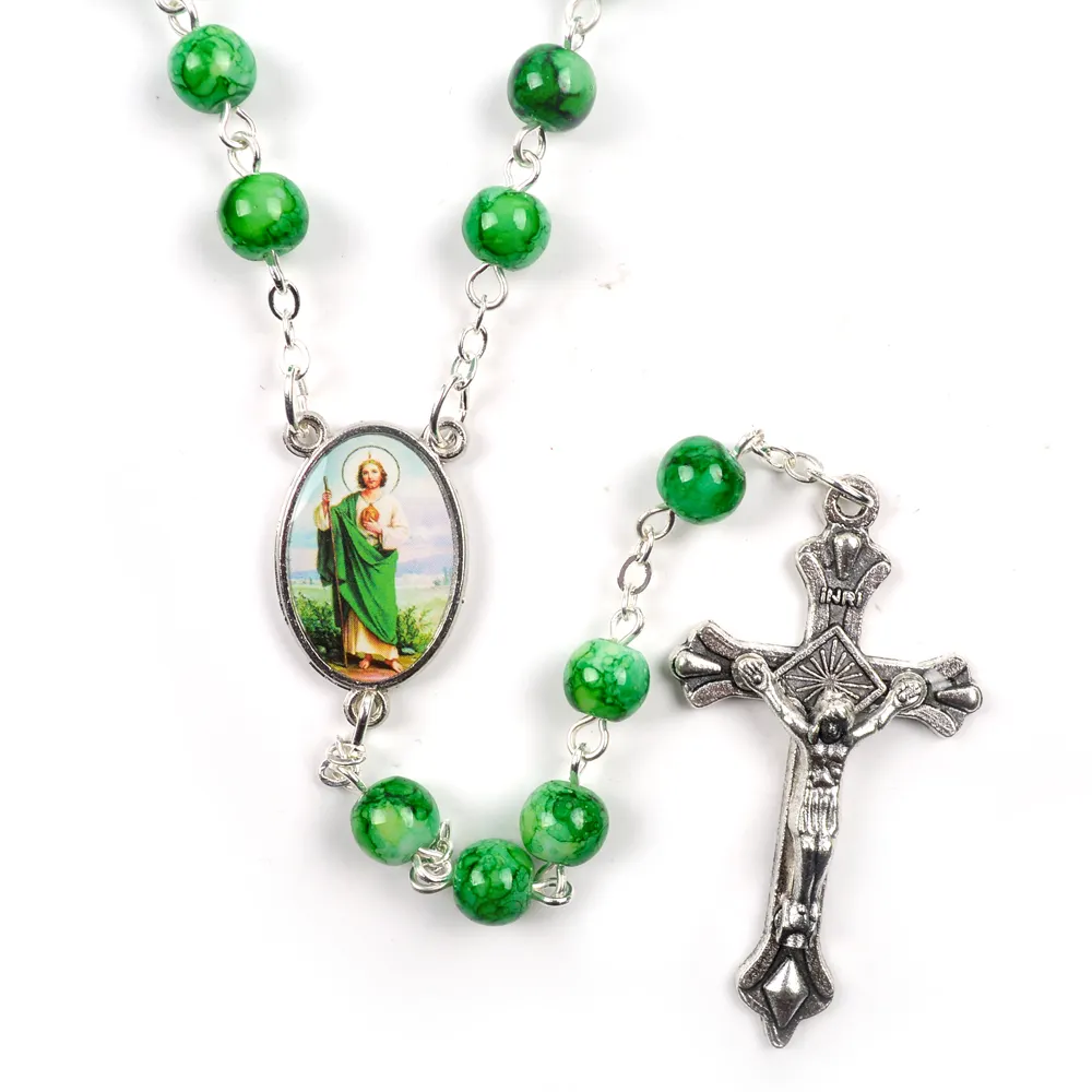 Glass Beads Rosary Necklace Virgen Mary Jude Guadalupe Catholic Saints Color Picture Rosary Centerpieces