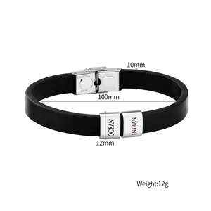 <b>Engravable</b> Men's Square Bead Leather Bracelet | Stainless Steel Simple Fashion Wristband | Father's Day Gift - Product Image 6