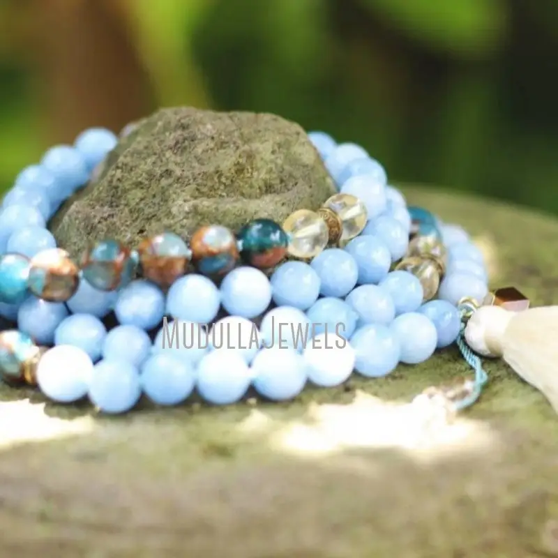 MN44282 biru alami giok 108 Mala manik-manik tangan diikat rumbai kalung Buddha meditasi Spiritual Yoga perhiasan hadiah untuk dia