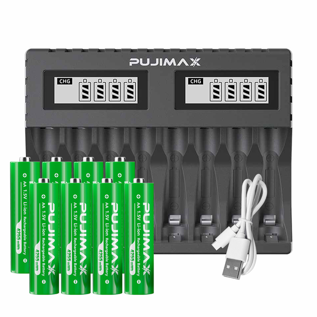 PUJIMAX 8 Slots Fast Universal 1.5v AA AAA Battery Charger with AA Rechargeable Battery Pack 8PCS 2713mah Li-ion Batteries