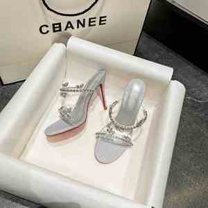 Sandales à une bride pour femmes, ornées de strass argentés, talons fins, pantoufles transparentes en cristal, talons hauts élégants, nouvelle arrivée - Product Image 3
