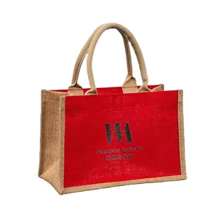 1PCS Custom Logo printing Reusable heavy duty Eco Friendly hand bags ladies luxury Stock Grocery Tote Shopping Jute Bags