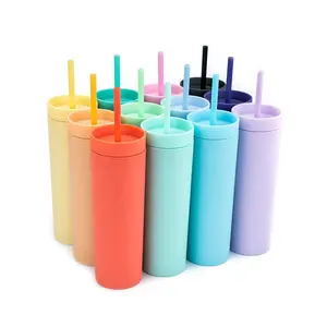 Cangkir plastik Tumbler kurus multiwarna dengan tutup dan sedotan 16oz Tumbler akrilik dinding ganda