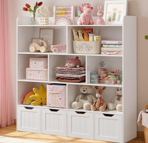 Armario <span class=keywords><strong>de</strong></span> Almacenamiento <span class=keywords><strong>de</strong></span> <span class=keywords><strong>Juguetes</strong></span> <span class=keywords><strong>para</strong></span> Niños <span class=keywords><strong>con</strong></span> 4 <span class=keywords><strong>Cajones</strong></span> Extraíbles y 8 Estantes Abiertos, Organizador <span class=keywords><strong>de</strong></span> <span class=keywords><strong>Juguetes</strong></span> Blanco <span class=keywords><strong>con</strong></span> <span class=keywords><strong>Ruedas</strong></span> Ocultas, Estantería Infantil - Product Image 3