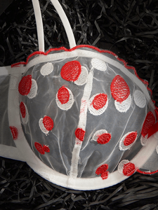 여성용 화이트 레드 물방울 무늬 시스루 리본 라이트 컨트롤 친환경 2피스 란제리 세트 시스루 브라 팬티 나이트웨어 - Product Image 4