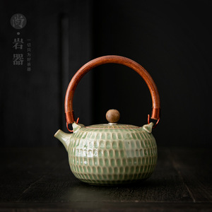 Retro Yue Kiln Celadon Teapot With Wooden Handle Round Porcelain Kung Fu <b>Tea</b> <b>Pot</b> Bamboo Green Glaze Hammered Pattern - Product Image 1