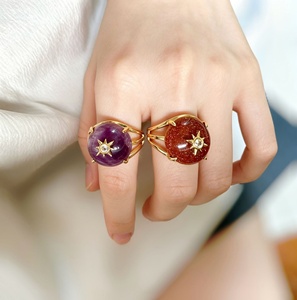 Anillo abierto vintage bohemio con piedras preciosas naturales, chapado en oro, con decoración de sol, ajustable, con múltiples piedras, para mujer, para uso diario. - Product Image 3