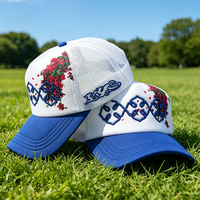 Gorra Trucker de Malla de 5 Paneles Personalizada con Estampado Floral Digital, Bordado 3D en Relieve, Visera de Dos Colores y Espuma, Estilo Y2K para Exteriores