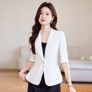 Women's Short Blazer Blue Solid Color Polyester Breathable Lightweight Suit Top For Casual Elegant Wear - Product Image 5