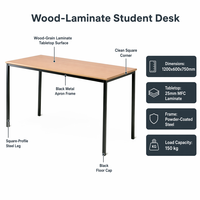 Table de lecture robuste pour bibliothèque, plateau rectangulaire en stratifié de bois, structure en métal noir à 4 pieds, pour écoles, universités et salles d'étude
