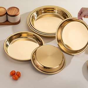 Grand plateau rond et plat épais en acier inoxydable Plateau de service en argent Plateau de service en métal pour le dîner Ensembles d'assiettes profondes pour gâteau - Product Image 3