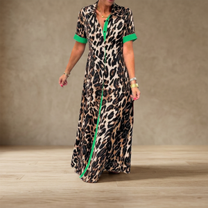 Vestido maxi informal vintage con estampado de leopardo, cuello solapa, tejido, silueta lápiz, holgado, manga corta, abotonado, color en contraste, ecológico y natural. - Product Image 2