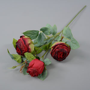 Haute Qualité Artificielle Unique Tige Fleurs Roses En Soie Vintage 3 Têtes Réaliste Bord Brûlé Rose Artificielle - Product Image 1
