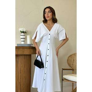 Vestido Midi Blanco con Cuello en V y Espalda Descubierta, Corte en A, Cintura Natural, Tejido Transpirable, Uso Diario Informal - Product Image 3