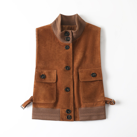 601 2026 Autumn New Arrival Women's Stand Collar Sleeveless Knitted Spliced Suede Sheepskin Leather Vest