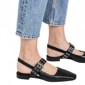 Sandales plates à bout carré fermé en <span class=keywords><strong>cuir</strong></span> PU nude d'été en gros, avec boucle et semelle intercalaire en gel, tongs pour femmes - Product Image 6