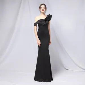 L & H מתוק האחרון עיצוב מוצק צבע נשים שמלות ערב אחד כתף עיצוב הניצוץ כלה חתונה מסיבת Fishtail שמלות