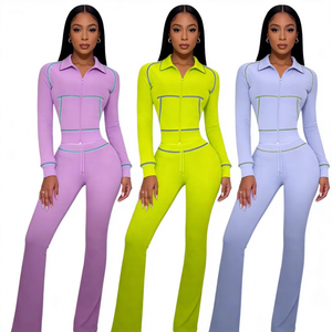 Completo Due Pezzi da Donna: Set Coordinato con Giacca in Maglia Waffle e Pantaloni a Zampa con Dettagli a Contrasto e Cerniera, Ideale per lo Streetwear - Product Image 2