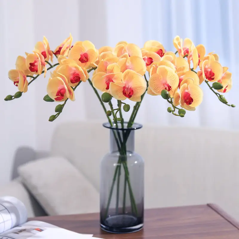 Cinnabar ดอกไม้หัวใหญ่9ดอกสำหรับงานแต่งงาน,ดอกไม้ประดิษฐ์ดอกกล้วยไม้ทำจากยางลาเท็กซ์แท้ระบบสัมผัส