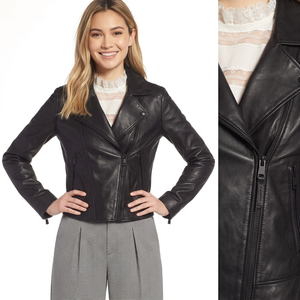 Chaqueta original acolchada de piel de oveja auténtica para mujer, ultra suave y ecológica, chaqueta de cuero genuino estilo motociclista asimétrica para mujer - Product Image 3