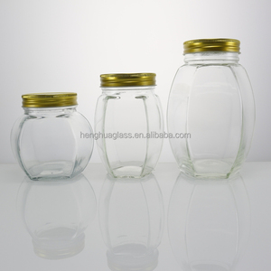 Hotselling hình lục giác mật ong thực phẩm lưu trữ container lọ hình dạng độc đáo 330ml 350ml 680ml lọ thủy tinh với vàng nắp kim loại - Product Image 1