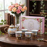 Service à thé en céramique de style européen avec motif floral, 4 tasses, 1 pot, assiette, tasses à café plaquées or, coffret cadeau inclus