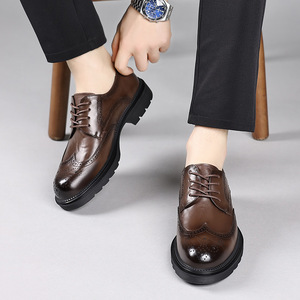 Chaussures en cuir Brock pour hommes, style business haut de gamme, en cuir de vachette véritable pleine fleur, motif uni, à lacets, style britannique, épaisses, confortables et souples - Product Image 5