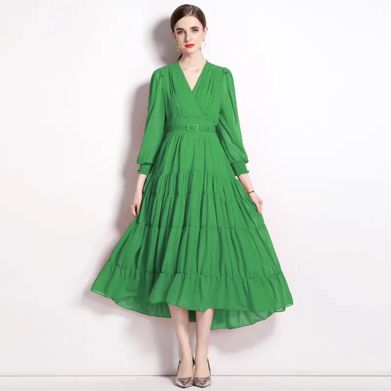 New Arrival V-neck Long Sleeve Solid Color Pleated Long Maxi Chiffon Dress
